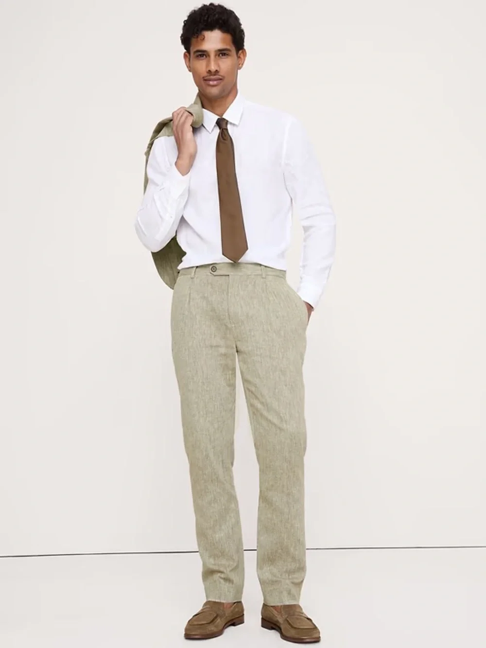 TAILORED SLIM-FIT GREEN LINEN-COTTON SUIT PANT